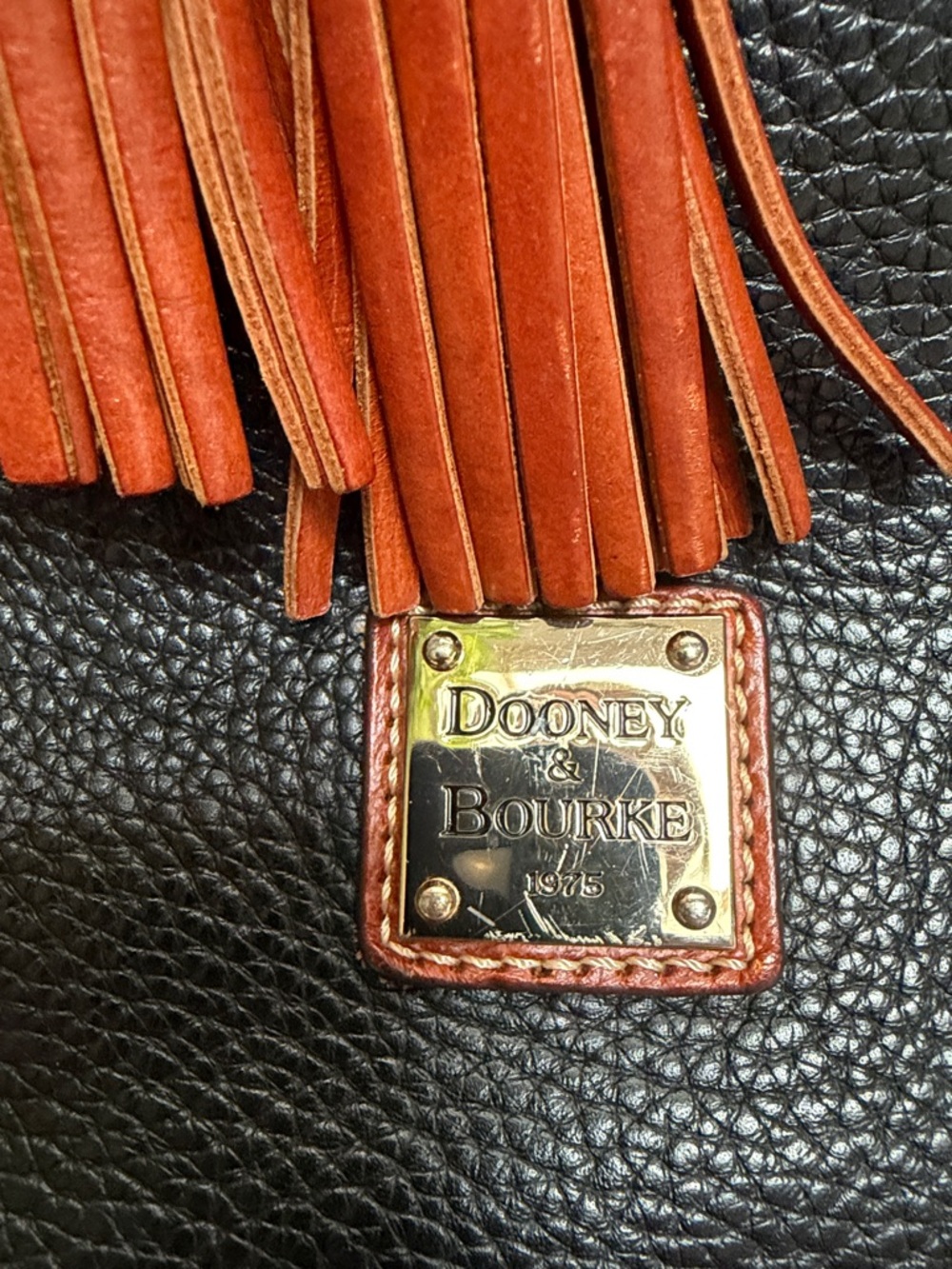Dooney & Bourke Black Pebbled Leather Tote with Brown leather Trim and Tassel - Picture 2 of 16
